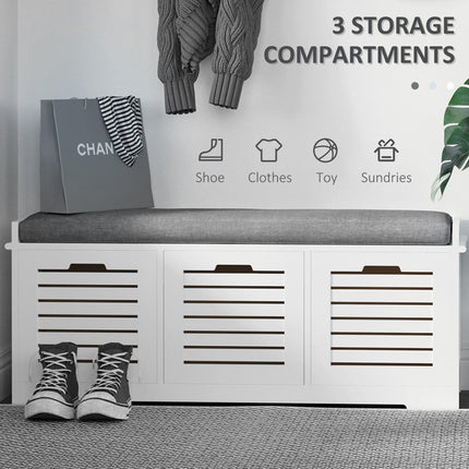 White Storage Bench with 3 Drawers and Removable Grey Cushion - White