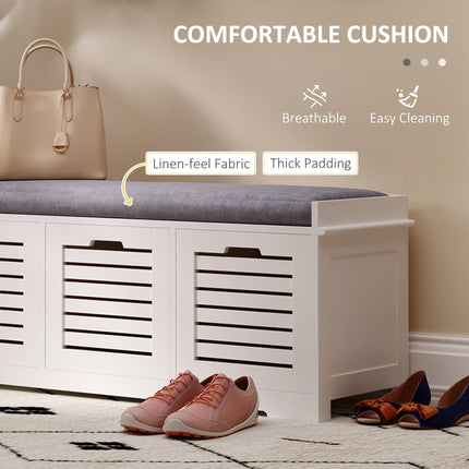 White Storage Bench with 3 Drawers and Removable Grey Cushion - White
