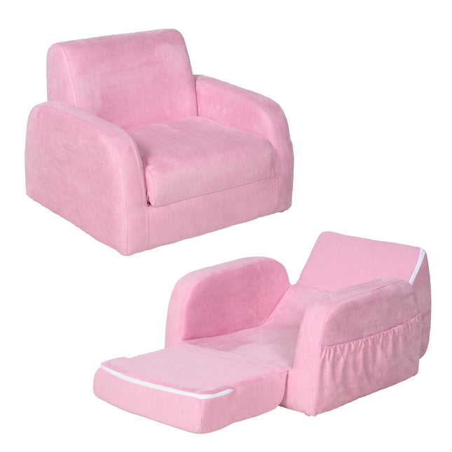 2 in 1 Kids Armchair Sofa Bed with Wooden Frame - Pink