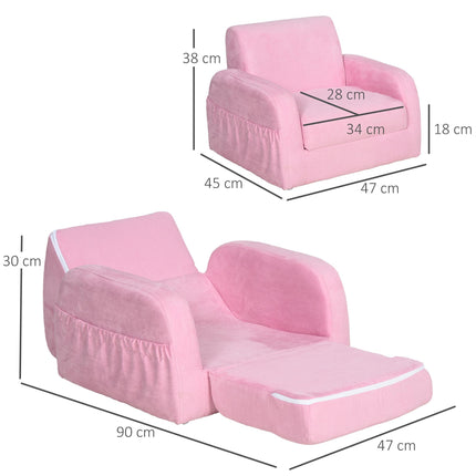 2 in 1 Kids Armchair Sofa Bed with Wooden Frame - Pink