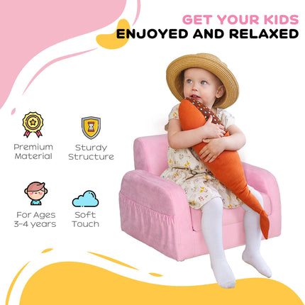 2 in 1 Kids Armchair Sofa Bed with Wooden Frame - Pink