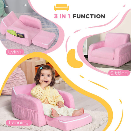 2 in 1 Kids Armchair Sofa Bed with Wooden Frame - Pink