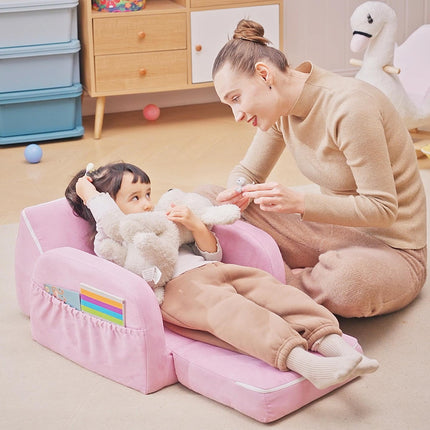2 in 1 Kids Armchair Sofa Bed with Wooden Frame - Pink