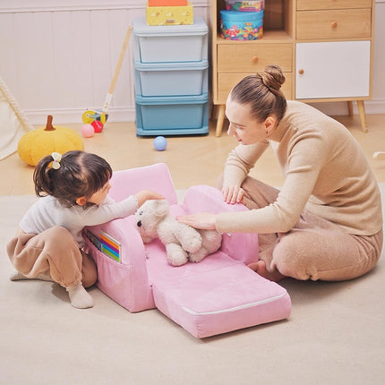 2 in 1 Kids Armchair Sofa Bed with Wooden Frame - Pink