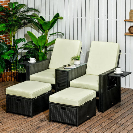 5 Piece Adjustable Reclining PE Rattan Sun Lounger Set with Side Table - Black