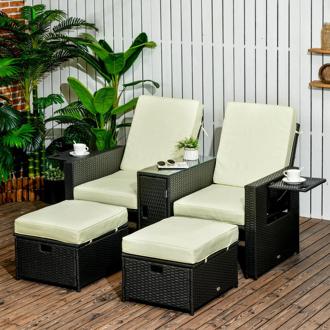 5 Piece Adjustable Reclining PE Rattan Sun Lounger Set with Side Table - Black