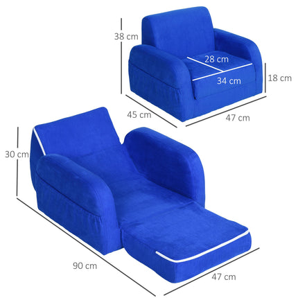 2 In 1 Kids Sofa Chair Bed with Soft Flannel and Foam - Blue