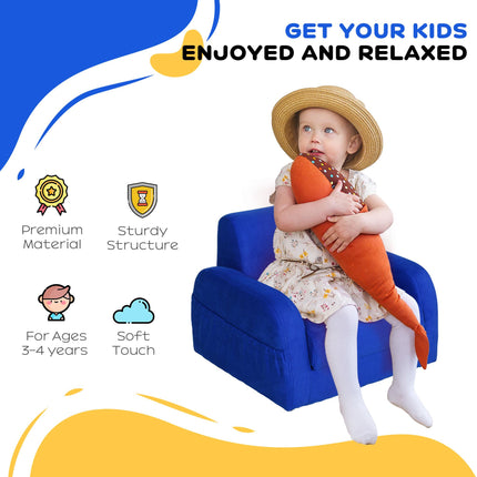 2 In 1 Kids Sofa Chair Bed with Soft Flannel and Foam - Blue