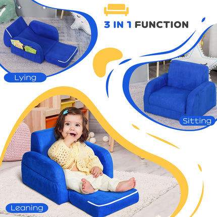 2 In 1 Kids Sofa Chair Bed with Soft Flannel and Foam - Blue