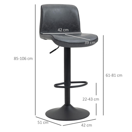 Set of 2 Adjustable Height Swivel Bar Stools with Footrest for Kitchen and Breakfast Bar - Dark Grey