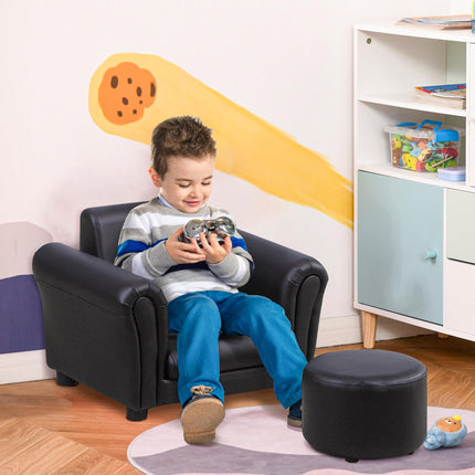 Toddler 2-Piece Sofa Set with Stool - Black Wood Frame