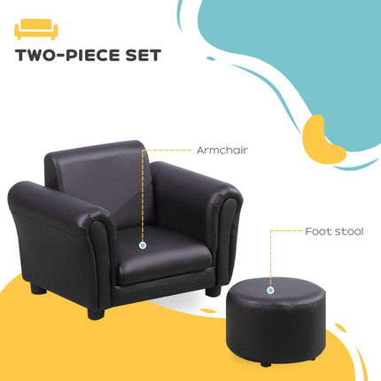 Toddler 2-Piece Sofa Set with Stool - Black Wood Frame