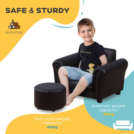 Toddler 2-Piece Sofa Set with Stool - Black Wood Frame