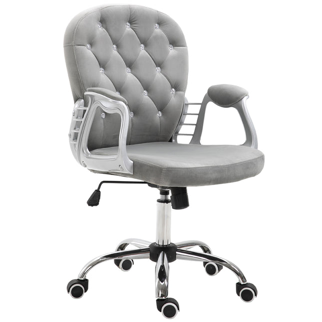 Ergonomic Office Chair 360° Swivel Diamond Tufted Velour Padded Base with 5 Castor Wheels - Grey