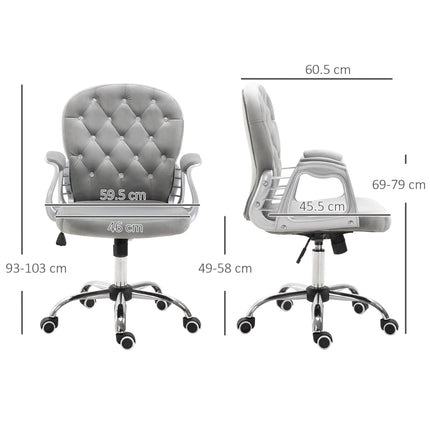 Ergonomic Office Chair 360° Swivel Diamond Tufted Velour Padded Base with 5 Castor Wheels - Grey
