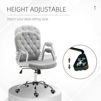 Ergonomic Office Chair 360° Swivel Diamond Tufted Velour Padded Base with 5 Castor Wheels - Grey