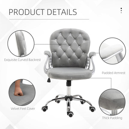 Ergonomic Office Chair 360° Swivel Diamond Tufted Velour Padded Base with 5 Castor Wheels - Grey