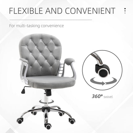 Ergonomic Office Chair 360° Swivel Diamond Tufted Velour Padded Base with 5 Castor Wheels - Grey