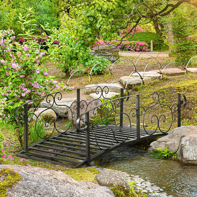 184cm Metal Arch Garden Garden Bridge, Safety Siderails, Arc Footbridge for Garden Creek, Stream, Pond, Black
