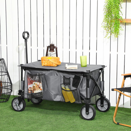 Folding Garden Trolley with Steel Frame, Brakes & Adjustable Handle - Dark Grey