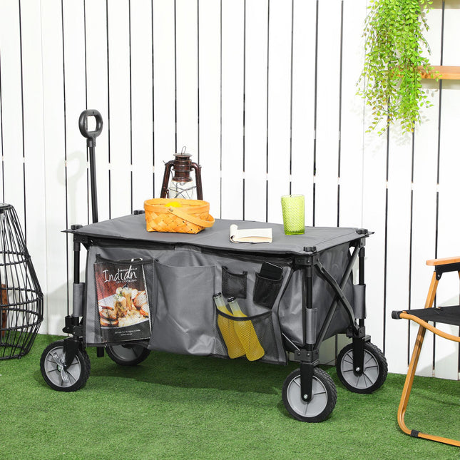 Folding Garden Trolley with Steel Frame, Brakes & Adjustable Handle - Dark Grey