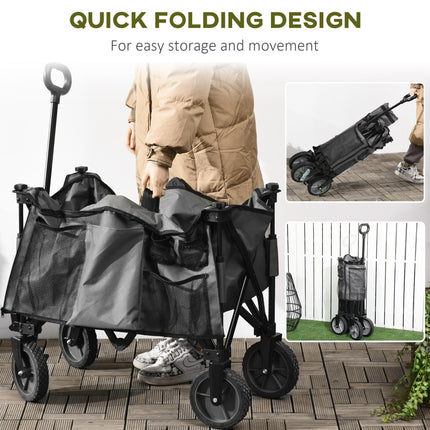 Folding Garden Trolley with Steel Frame, Brakes & Adjustable Handle - Dark Grey