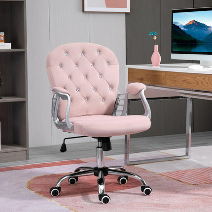 Ergonomic Office Chair 360° Swivel Diamond Tufted Velour Padded Base with 5 Castor Wheels - Pink