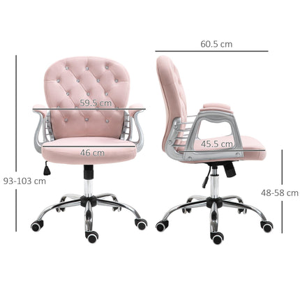 Ergonomic Office Chair 360° Swivel Diamond Tufted Velour Padded Base with 5 Castor Wheels - Pink