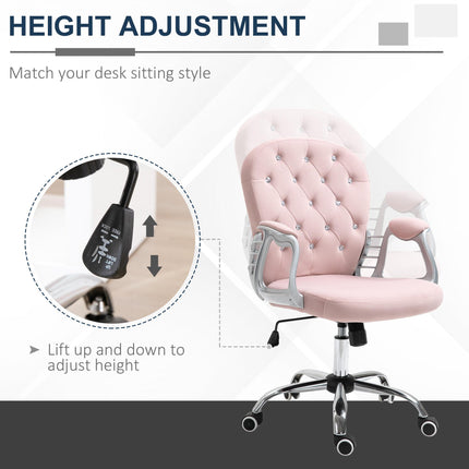 Ergonomic Office Chair 360° Swivel Diamond Tufted Velour Padded Base with 5 Castor Wheels - Pink