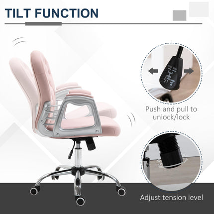 Ergonomic Office Chair 360° Swivel Diamond Tufted Velour Padded Base with 5 Castor Wheels - Pink