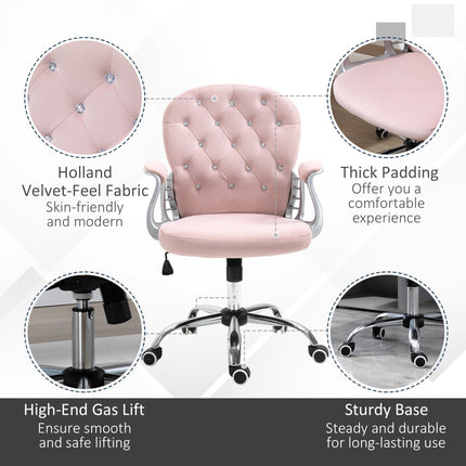 Ergonomic Office Chair 360° Swivel Diamond Tufted Velour Padded Base with 5 Castor Wheels - Pink