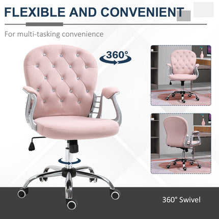 Ergonomic Office Chair 360° Swivel Diamond Tufted Velour Padded Base with 5 Castor Wheels - Pink