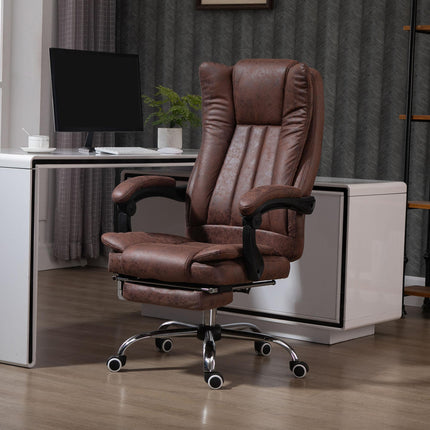 Microfibre Reclining Home Office Desk Chair with Armrests, Swivel Wheels & Footrest - Brown