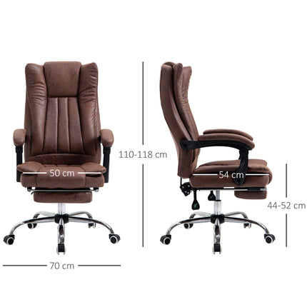 Microfibre Reclining Home Office Desk Chair with Armrests, Swivel Wheels & Footrest - Brown