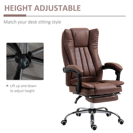 Microfibre Reclining Home Office Desk Chair with Armrests, Swivel Wheels & Footrest - Brown