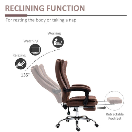 Microfibre Reclining Home Office Desk Chair with Armrests, Swivel Wheels & Footrest - Brown