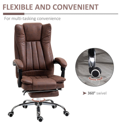 Microfibre Reclining Home Office Desk Chair with Armrests, Swivel Wheels & Footrest - Brown