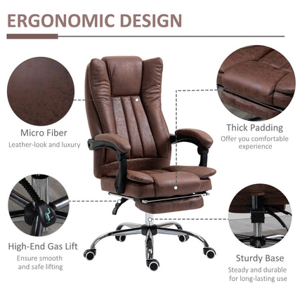 Microfibre Reclining Home Office Desk Chair with Armrests, Swivel Wheels & Footrest - Brown