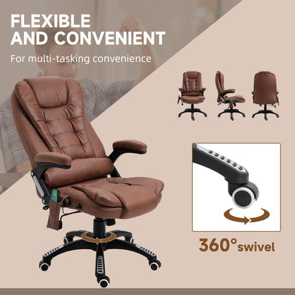 Heated Massage Office Recliner Chair with Six Massage Points, 360° Swivel, Microfiber - Brown