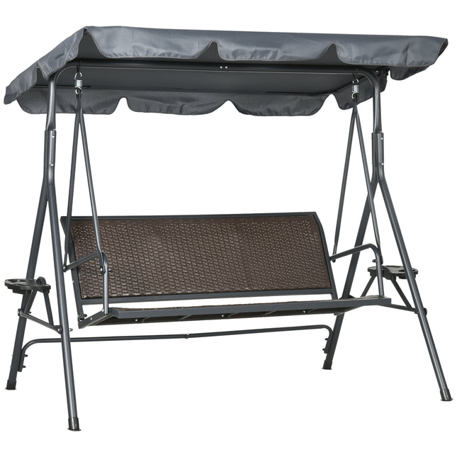 3 Seater Garden Swing Chair with Adjustable Canopy, Rattan Seat & Steel Frame for Patio - Dark Grey