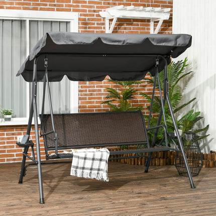 3 Seater Garden Swing Chair with Adjustable Canopy, Rattan Seat & Steel Frame for Patio - Dark Grey