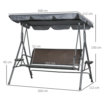 3 Seater Garden Swing Chair with Adjustable Canopy, Rattan Seat & Steel Frame for Patio - Dark Grey