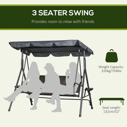 3 Seater Garden Swing Chair with Adjustable Canopy, Rattan Seat & Steel Frame for Patio - Dark Grey