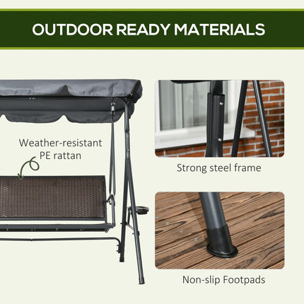 3 Seater Garden Swing Chair with Adjustable Canopy, Rattan Seat & Steel Frame for Patio - Dark Grey