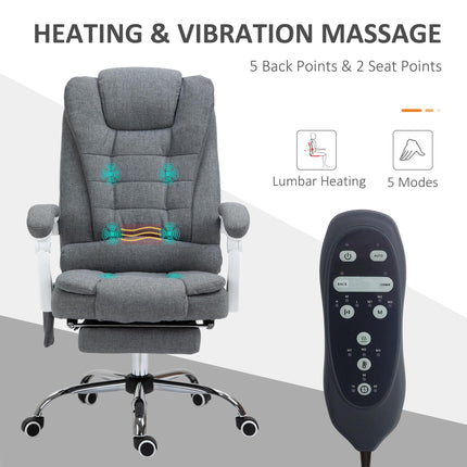 Heated 6-Point Vibration Massage Executive Reclining Office Chair with Footrest - Grey