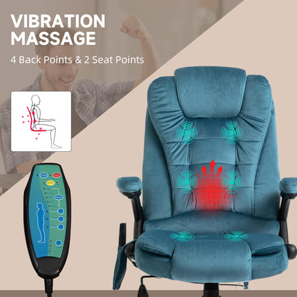Heated Massage Recliner Office Chair with Six Massage Points Velvet-Feel Fabric 360° Swivel - Blue
