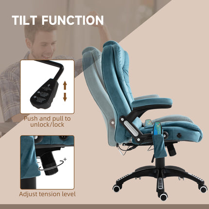 Heated Massage Recliner Office Chair with Six Massage Points Velvet-Feel Fabric 360° Swivel - Blue