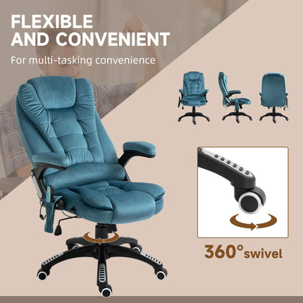 Heated Massage Recliner Office Chair with Six Massage Points Velvet-Feel Fabric 360° Swivel - Blue