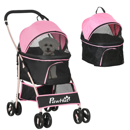 3-in-1 Detachable Pet Stroller with Foldable Bag, Universal Wheels, Canopy & Storage Basket - Pink