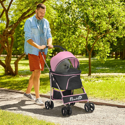 3-in-1 Detachable Pet Stroller with Foldable Bag, Universal Wheels, Canopy & Storage Basket - Pink